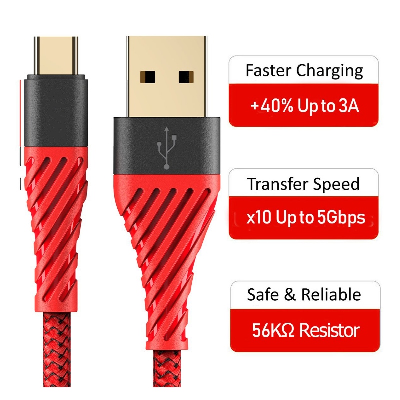 Câble USB 3.0, câble de type C USB, câble de chargement rapide Câble USB vers téléphone mobile pour Samsung Galaxy S8, S9 Plus, Note 8, LG v20, G6, G5, V30, Google Pixel 2 XL, Nexus 6-3 Pack Rouge